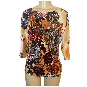 BOZAGLO Silk Blend Knit Floral Beaded Top 3/4 Sleeve